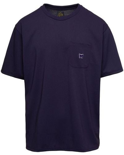 Needles Crewneck T-Shirt With Front Pocket And Embroidered Logo - Blue