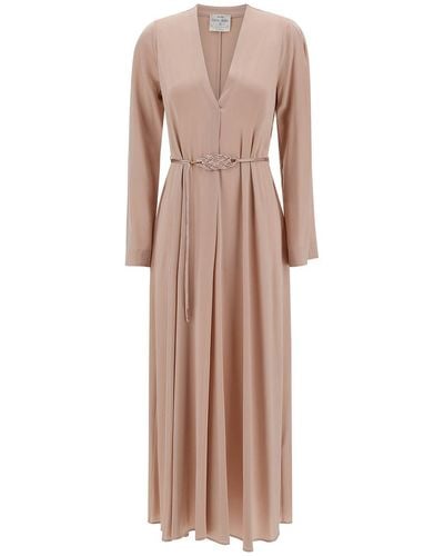 Forte Forte Long Pale Dress With Belt And Long Sleeves - Natural