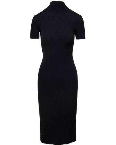 Fendi Midi Dress With All-over Ff Jacquard Motif In Viscosa Blend Woman - Blue