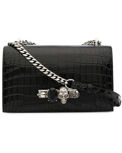 Alexander McQueen 'jewelled Satchel' Black Shoulder Bag In Embossed Croc Leather Woman