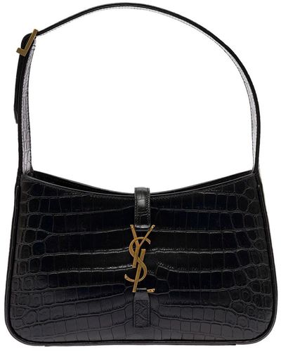 Saint Laurent Hobo Crossbody Bag In Crocodile Print Leather - Black