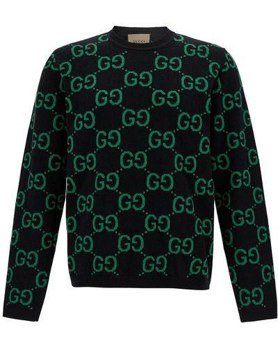 Gucci Monogram-intarsia Crewneck Wool-knit Sweater - Green