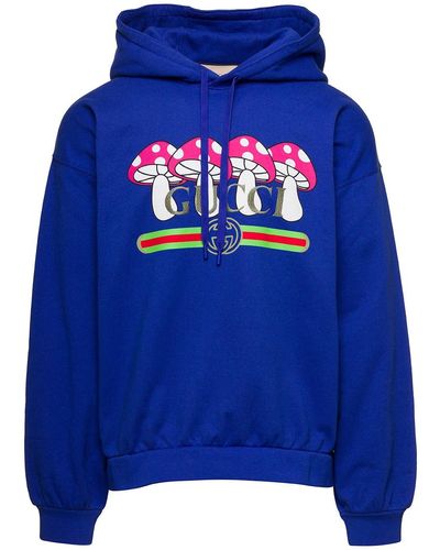 Gucci Hoodie With Branded Mushroom Print - Blue