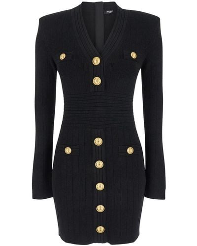 Balmain Ls Buttoned Short Knit Dress - Black