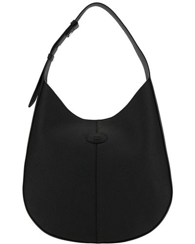 Tod's Black Hobo Handbag With Tonal Embossed Logo In Grainy Hammered Woman