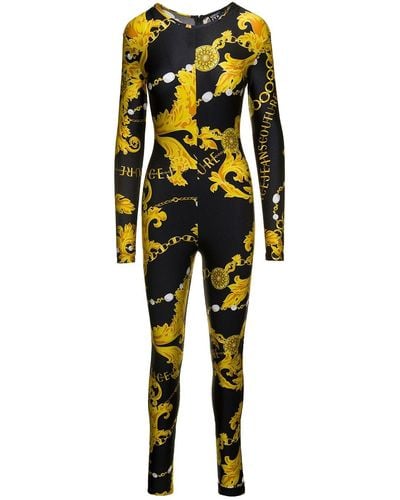 Versace Black And Gold Log Jumpsuit With 'chain' Baroque Motif In Stretch Nylon Woman