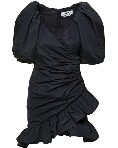 MSGM Mini Dress With Puff Sleeves And All-Over Gatherings - Black
