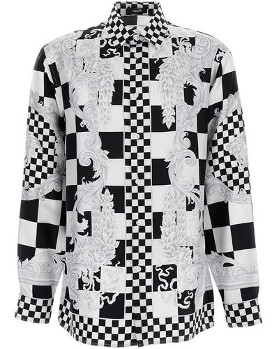 Versace And Chechered Shirt With Baroque Pattern And Medus - White