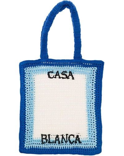 Casablancabrand 'atlantis' Blue And Tote Bag With Contrasting Logo Embroidery In Cotton Crochet Woman