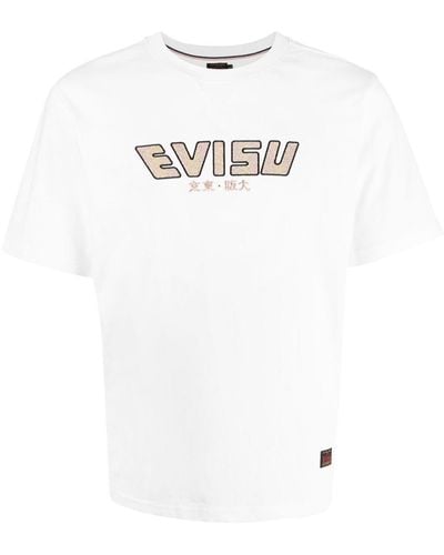 Evisu T-shirt bianca di cotone con stampa logo komainu daicock uomo - Bianco