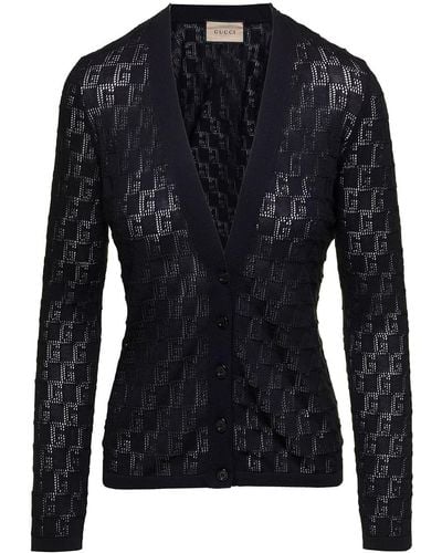Gucci Long Sleeved Cardigan With Gg Motif - Black