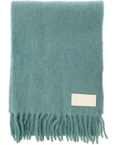 Ami Paris Light Blue Oversized Scarf With Logo Patch In Alpaca Blend Woman - Green