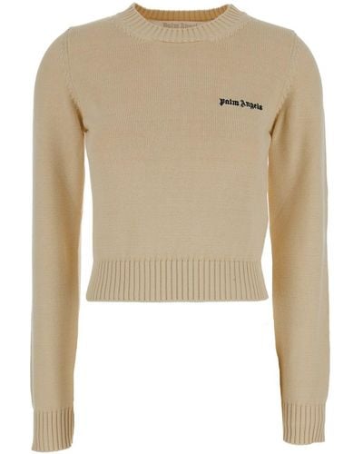 Palm Angels Cream Crewneck Sweater With Embroidered Logo - Natural