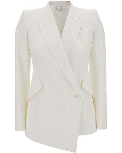 Alexander McQueen White Double-breasted Jacket With Asymmetric Hem In Viscose Blend