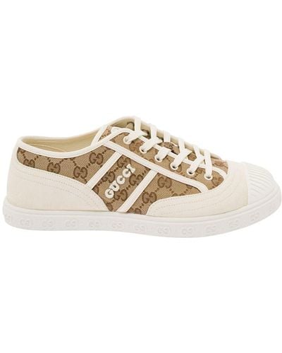 Gucci And Ebony Low Top Trainers With Interlocking G Embroidery - Natural