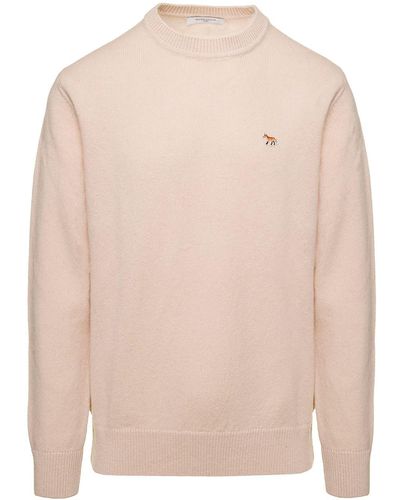 Maison Kitsuné Crewneck Jumper With Baby Fox Patch In Wool - Natural