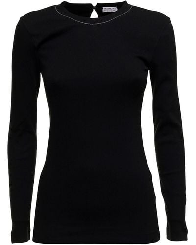 Brunello Cucinelli Long-Sleeved Cotton T-Shirt With Monile Crew Neck - Black