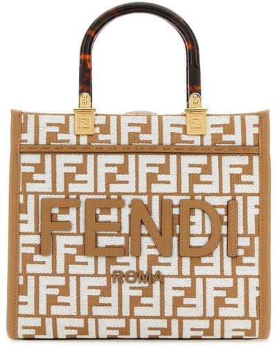 Fendi Borsa Sunshine Medium in rafia con monogram FF ricamato all over - Neutro