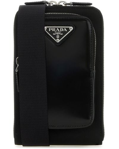 Prada Brushed Leather And Re-Nylon Phone Case - Black