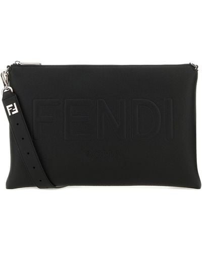 Fendi Logo Detailed Zipped Clutch Bag - Black