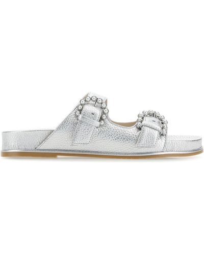 Stuart Weitzman Silver Leather Piper Slippers - White