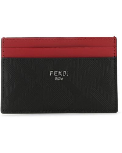 Fendi Two-tone Leather Card Holder Fe - Red