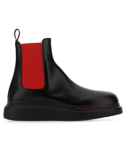 Alexander McQueen Black Leather Chelsea Hybrid Ankle Boots - Red
