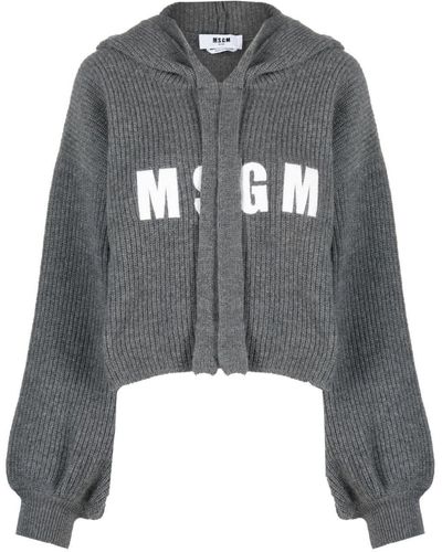 MSGM Logo-embroidered Ribbed-knit Hoodie - Grey