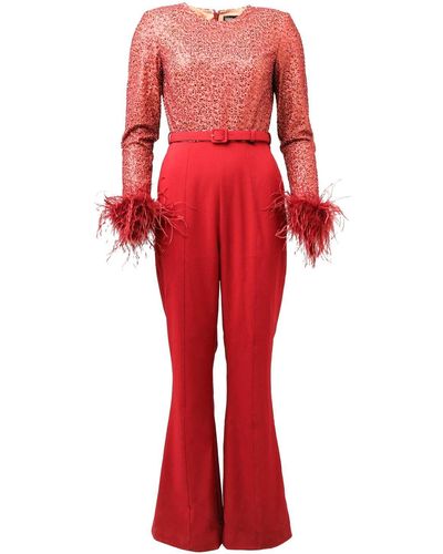 Lavish Alice Sequin Feather Jumpsuit - Red