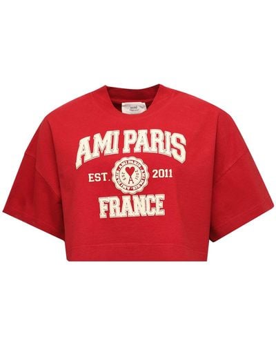 Ami Paris Womenss Logo-Print Cropped T-Shirt - Red