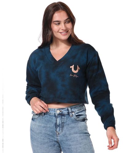 True Religion Foil Logo V-neck Cropped Sweatshirt - Blue