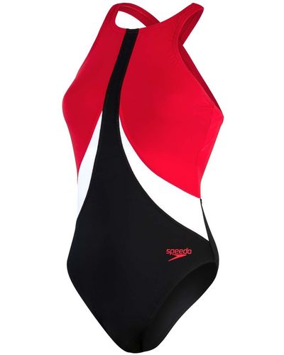 Speedo Colourblock Highneck Crossback Swimsuit - Red