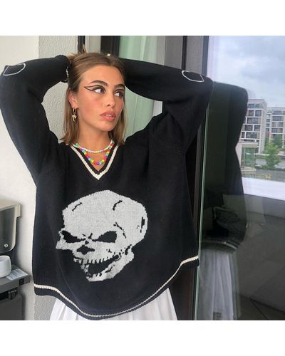 Ghoul RIP Skull Knit Jacquard V Neck Sweater - Black