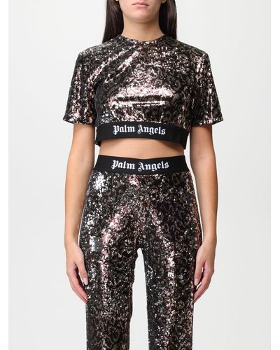 Palm Angels T-shirt cropped in paillettes - Marrone