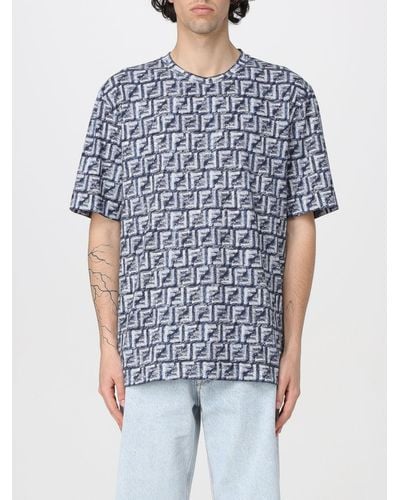 Fendi T-shirt in cotone con motivo monogram FF - Blu