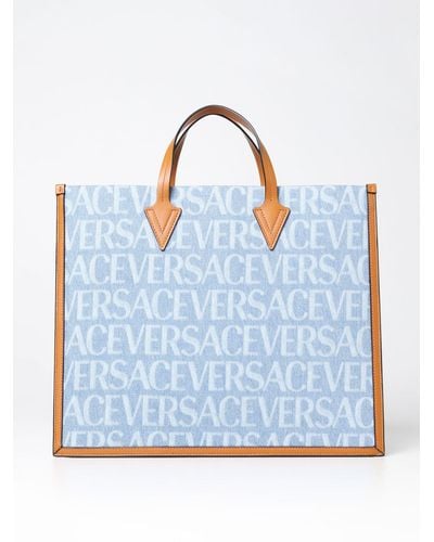 Versace Bag In Printed Denim Allover - Blue