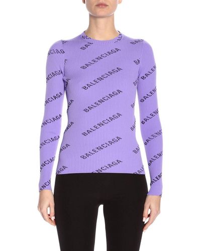 Balenciaga Allover Logo Ribbed-knit Sweater - Purple