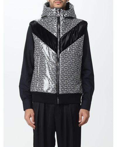 Balmain Nylon Down Jacket With Monogram Pattern - Gray