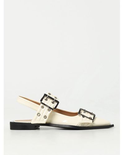 Ganni Egret Slingback Ballet Flat Shoe With Buckles - White