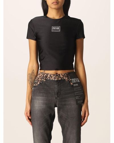 Versace Cropped T-shirt In Stretch Nylon - Black