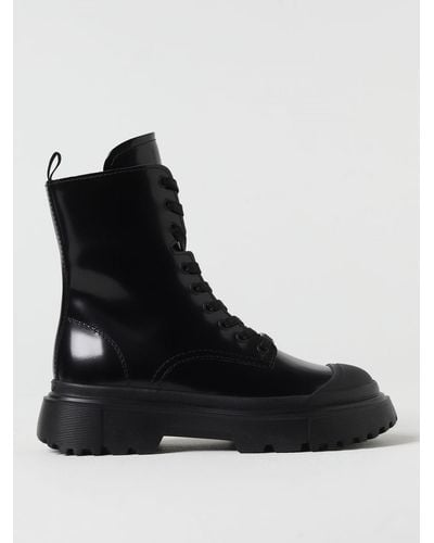 Hogan H619 Combat Boots In Brushed Leather - Black