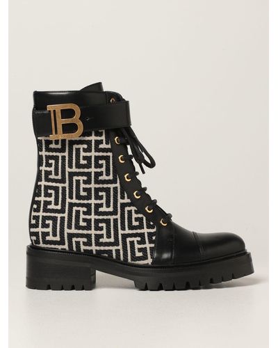 Balmain Boots In Leather And Monogram Fabric - Black
