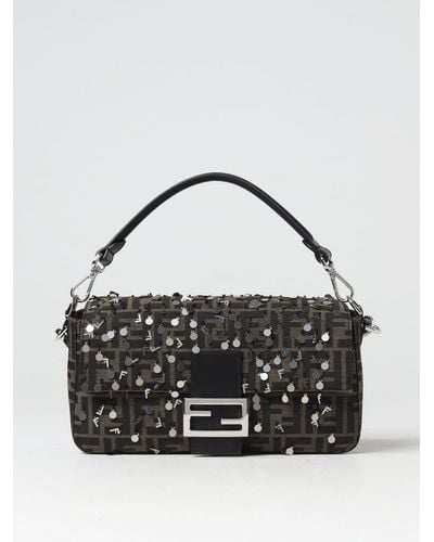 Fendi Baguette Bag In Fabric With Ff Jacquard Pattern And Sequins - Black