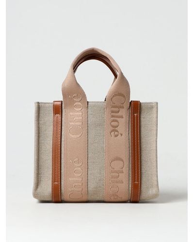 Chloé Woody Canvas Bag With Embroidered Logo - Natural