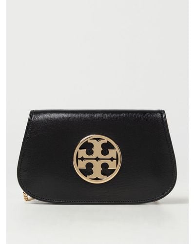 Tory Burch Reva Leather Clutch With Shoulder Strap - Black