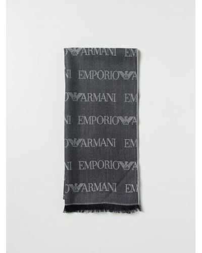 Emporio Armani Wool-blend Scarf With All-over Jacquard Lettering - Grey
