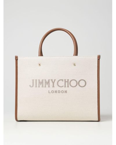 Jimmy Choo Avenue Bag In Canvas And Leather With Embroidered Logo - Natural