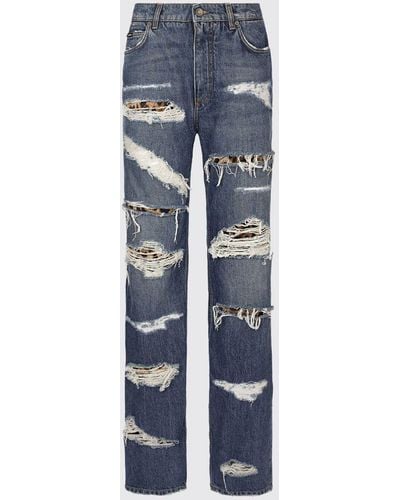 Dolce & Gabbana Jeans in denim used e raso stretch stampa animalier - Blu