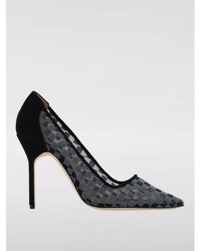 Manolo Blahnik Court Shoes In Suede And Mesh With Check Pattern - Black