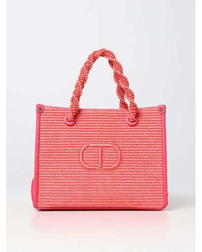 Twin Set Bag In Synthetic Leather And Woven Raffia - Pink